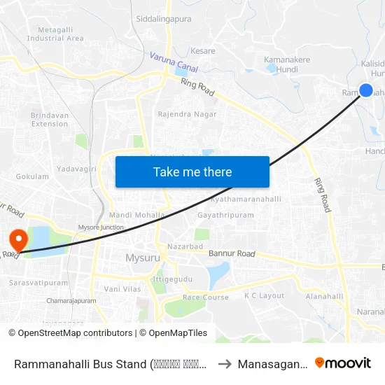 Rammanahalli Bus Stand (ರಮ್ಮನ ಹಳ್ಳಿ ಬಸ್ ನಿಲ್ದಾಣ) to Manasagangothri map