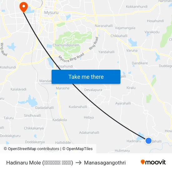 Hadinaru Mole (ಹದಿನಾರು ಮೊಳೆ) to Manasagangothri map