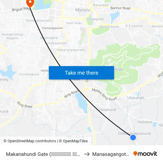 Makanahundi Gate (ಮಾಕನಹುಂಡಿ ಗೇಟ್) to Manasagangothri map