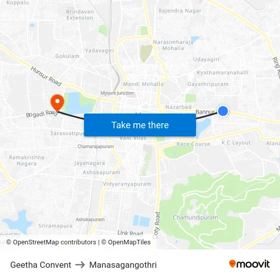 Geetha Convent to Manasagangothri map