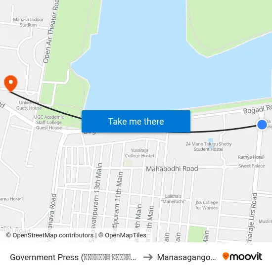 Government Press (ಸರ್ಕಾರಿ ಮುದ್ರಣಾಲಯ) to Manasagangothri map