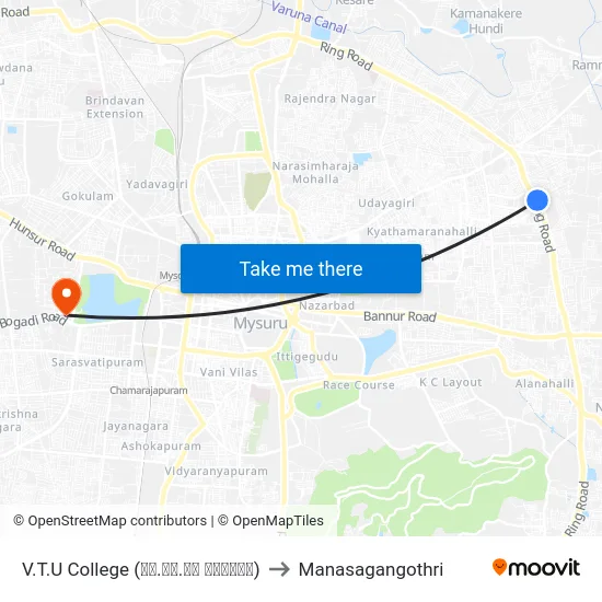V.T.U College (ವಿ.ಟಿ.ಯು ಕಾಲೇಜು) to Manasagangothri map