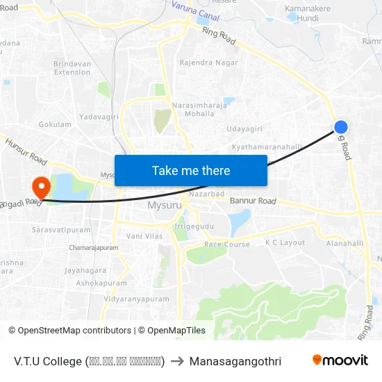 V.T.U College (ವಿ.ಟಿ.ಯು ಕಾಲೇಜು) to Manasagangothri map