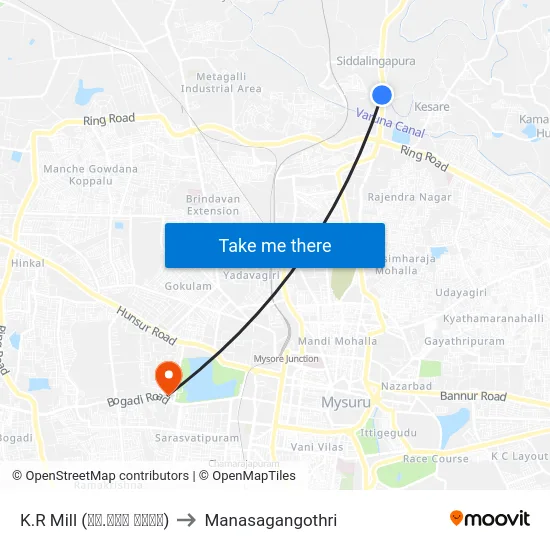 K.R Mill (ಕೆ.ಆರ್ ಮಿಲ್) to Manasagangothri map