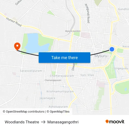 Woodlands Theatre to Manasagangothri map