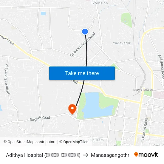 Adithya Hospital (ಆದಿತ್ಯ ಆಸ್ಪತ್ರೆ) to Manasagangothri map