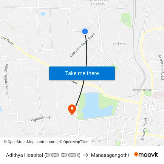 Adithya Hospital (ಆದಿತ್ಯ ಆಸ್ಪತ್ರೆ) to Manasagangothri map