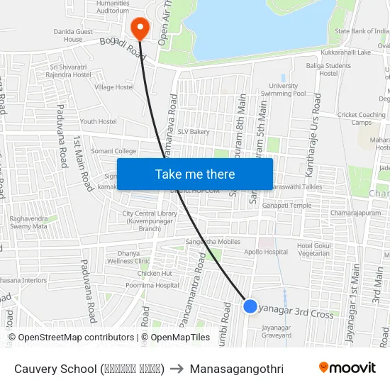 Cauvery School (ಕಾವೇರಿ ಶಾಲೆ) to Manasagangothri map