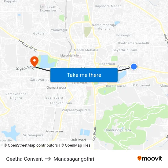 Geetha Convent to Manasagangothri map