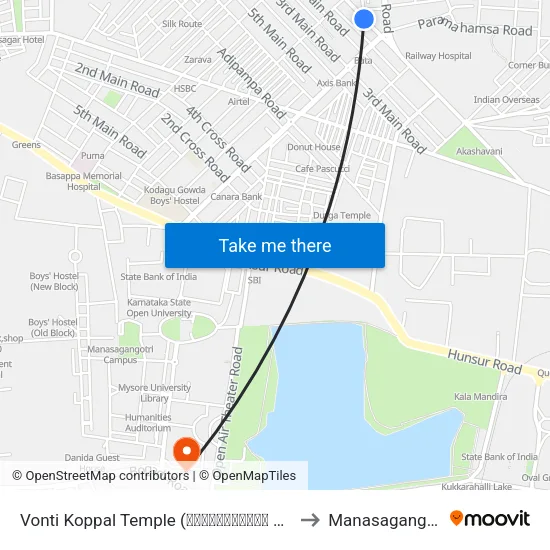 Vonti Koppal Temple (ವಂಟಿಕೊಪ್ಪಲ್ ದೇವಸ್ಥಾನ) to Manasagangothri map