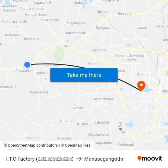 I.T.C Factory (ಐ.ಟಿ.ಸಿ ಕಾರ್ಖಾನೆ) to Manasagangothri map