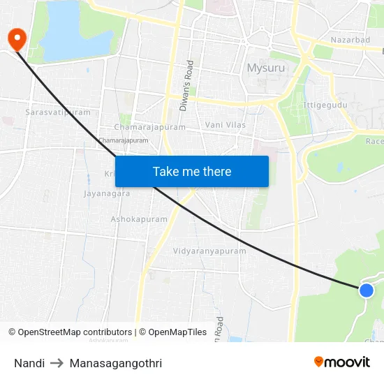 Nandi to Manasagangothri map