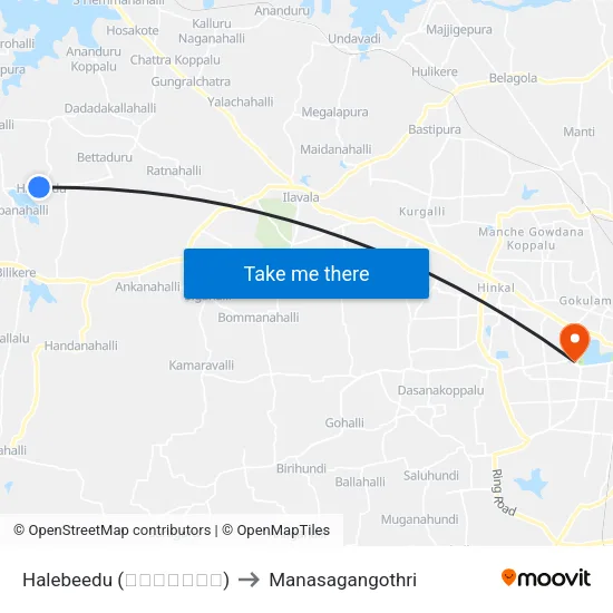 Halebeedu (ಹಳೇಬೀಡು) to Manasagangothri map