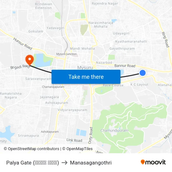 Palya Gate (ಪಾಳ್ಯ ಗೇಟ್) to Manasagangothri map