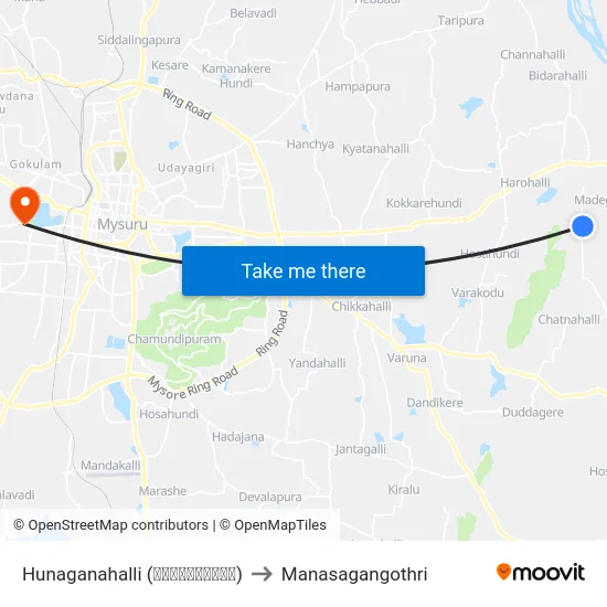 Hunaganahalli (ಹುನಗನಹಳ್ಳಿ) to Manasagangothri map