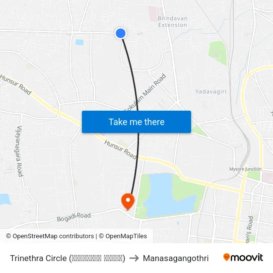 Trinethra Circle (ತ್ರನೇತ್ರ ವೃತ್ತ) to Manasagangothri map