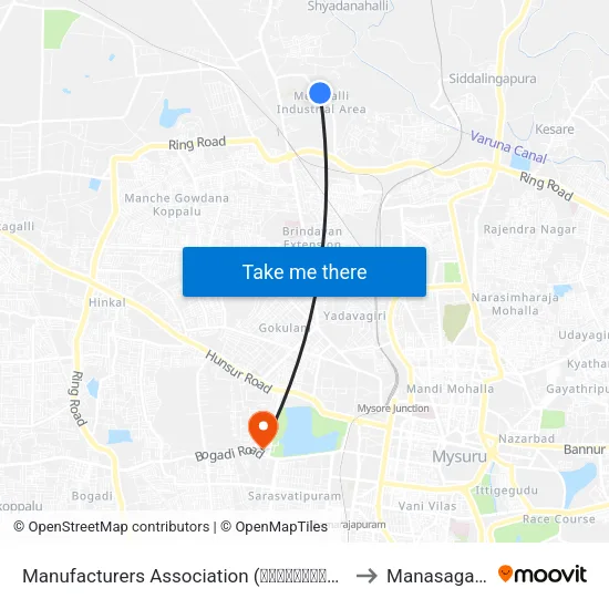 Manufacturers Association (ಮ್ಯಾನುಫಾಕ್ಚರರ‍್ಸ್ ಅಸೋಸಿಯೇಶನ್) to Manasagangothri map