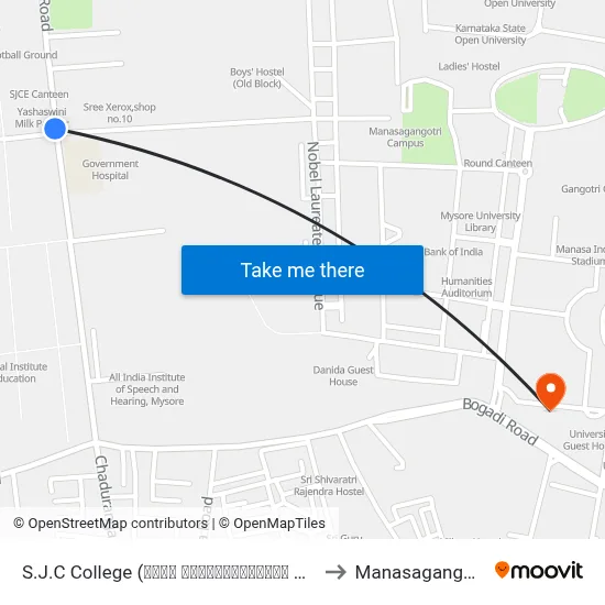 S.J.C College (ಶ್ರೀ ಜಯಚಾಮರಾಜೇಂದ್ರ ಕಾಲೇಜು) to Manasagangothri map