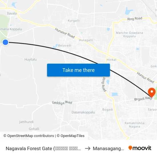 Nagavala Forest Gate (ನಾಗವಾಲ ಅರಣ್ಯ ದ್ವಾರ) to Manasagangothri map