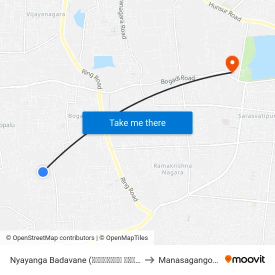Nyayanga Badavane (ನ್ಯಾಯಾಂಗ ಬಡಾವಣೆ) to Manasagangothri map