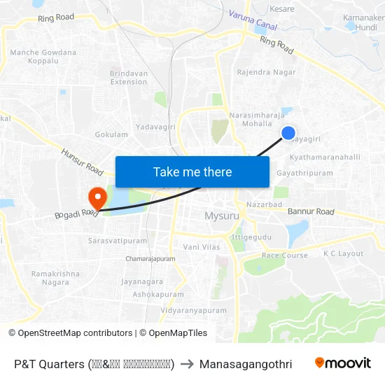 P&T Quarters (ಪಿ&ಟಿ ಕ್ವಾಟರ‍್ಸ್) to Manasagangothri map