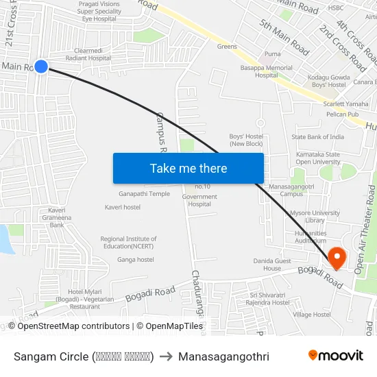 Sangam Circle (ಸಂಗಮ್ ವೃತ್ತ) to Manasagangothri map