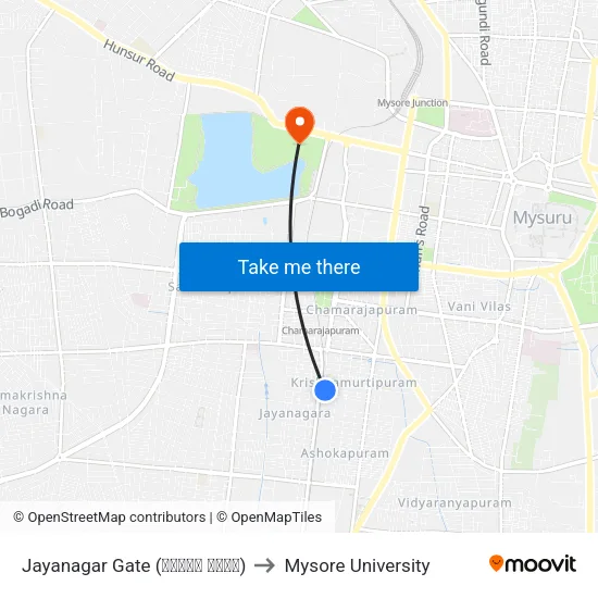 Jayanagar Gate (ಜಯನಗರ ಗೇಟ್) to Mysore University map