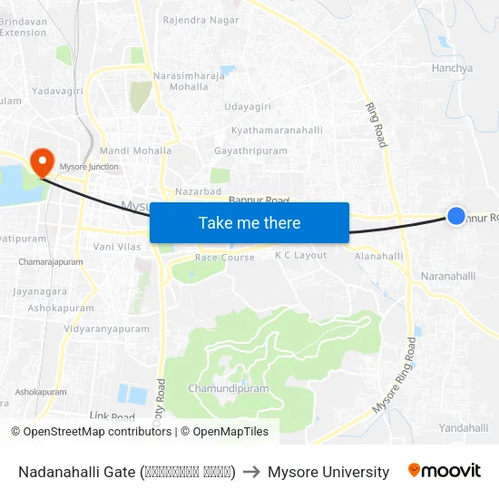 Nadanahalli Gate (ನದನಹಳ್ಳಿ ಗೇಟ್) to Mysore University map