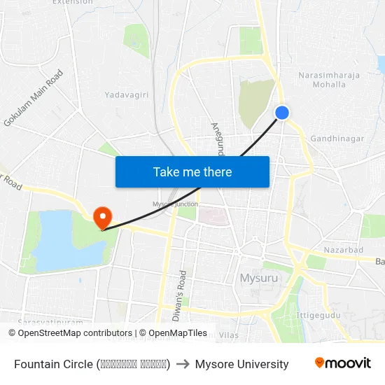 Fountain Circle (ಫೌಂಟೈನ್ ವೃತ್ತ) to Mysore University map