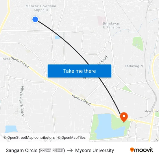 Sangam Circle (ಸಂಗಮ್ ವೃತ್ತ) to Mysore University map