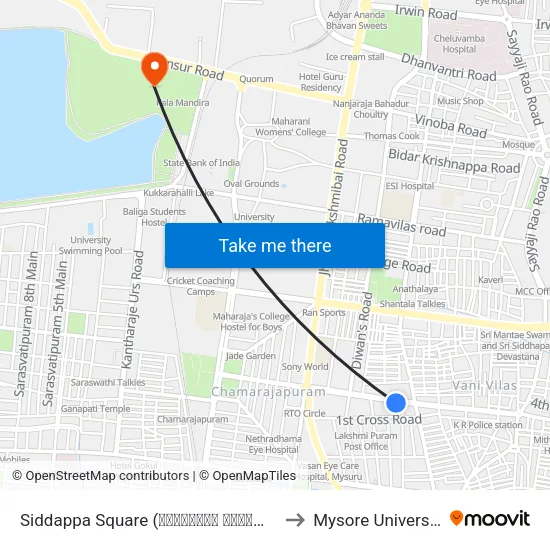 Siddappa Square (ಸಿದ್ದಪ್ಪ ಸ್ಕ್ವೇರ್) to Mysore University map