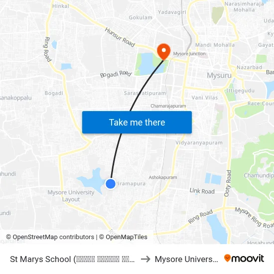 St Marys School (ಸೆಂಟ್ ಮೇರೀಸ್ ಶಾಲೆ) to Mysore University map