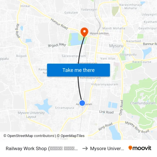 Railway Work Shop (ರೈಲ್ವೇ ವರ್ಕ್‌‌ಶಾಪ್) to Mysore University map