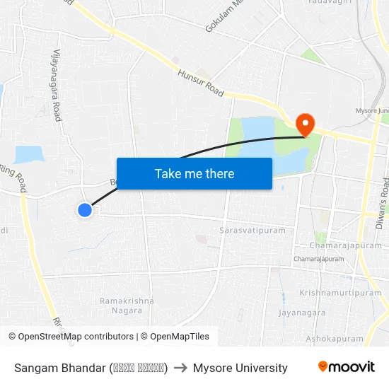 Sangam Bhandar (ಸಂಗಮ ಭಂಡಾರ) to Mysore University map