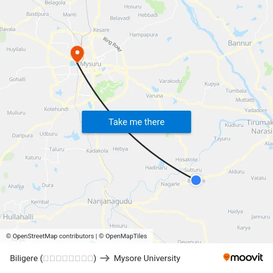 Biligere (ಬಿಳಿಗೆರೆ) to Mysore University map
