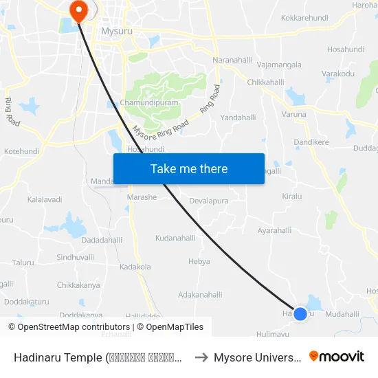 Hadinaru Temple (ಹದಿನಾರು ದೇವಸ್ಥಾನ) to Mysore University map
