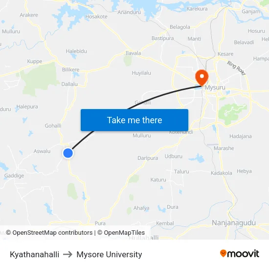 Kyathanahalli to Mysore University map