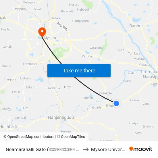 Geamarahalli Gate (ಗೀಯಮಾರನಹಳ್ಳಿ ಗೇಟ್) to Mysore University map