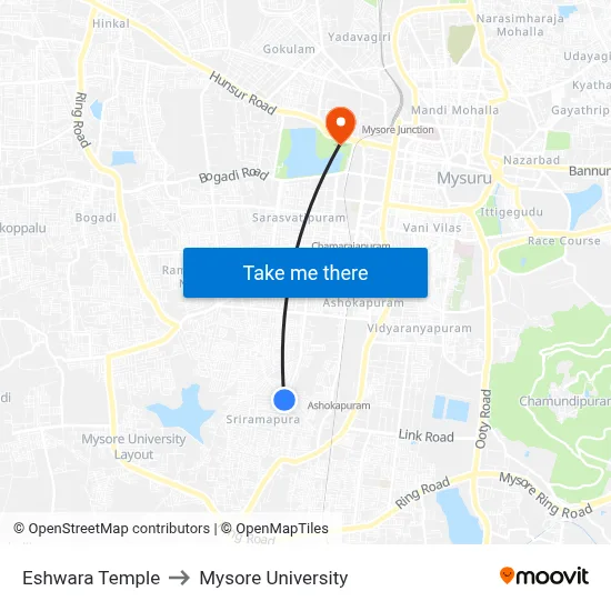 Eshwara Temple to Mysore University map