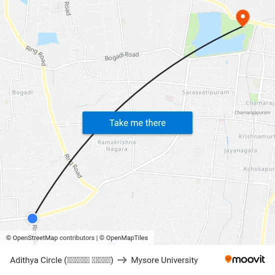 Adithya Circle (ಆದಿತ್ಯ ವೃತ್ತ) to Mysore University map