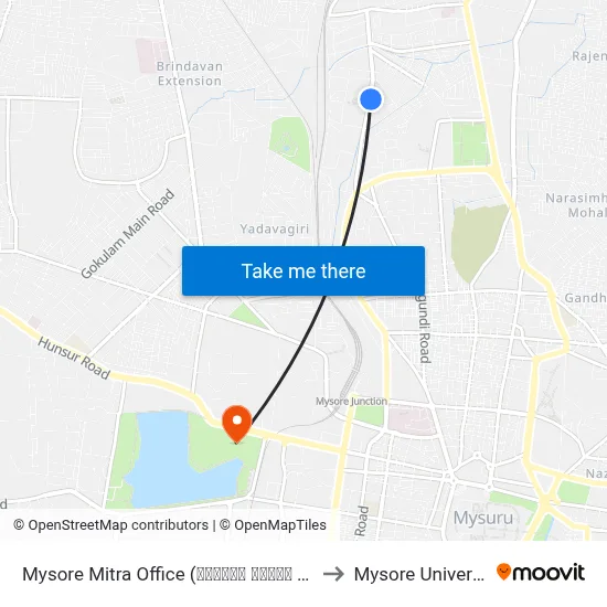 Mysore Mitra Office (ಮೈಸೂರು ಮಿತ್ರ ಕಛೇರಿ) to Mysore University map