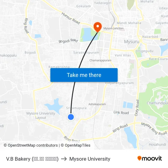 V.B Bakery (ವಿ.ಬಿ ಬೇಕರಿ) to Mysore University map