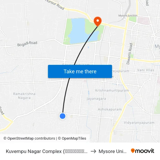 Kuvempu Nagar Complex (ಕುವೆಂಪುನಗರ ಕಾಂಪ್ಲೆಕ್ಸ್) to Mysore University map