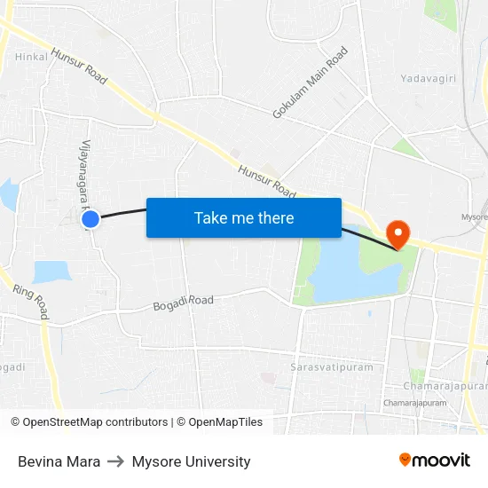 Bevina Mara to Mysore University map