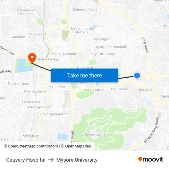 Cauvery Hospital to Mysore University map