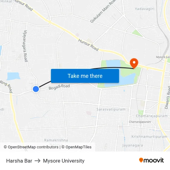 Harsha Bar to Mysore University map
