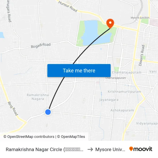 Ramakrishna Nagar Circle (ರಾಮಕೃಷ್ಣನಗರ ವೃತ್ತ) to Mysore University map