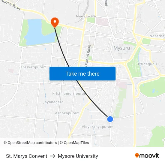 St. Marys Convent to Mysore University map