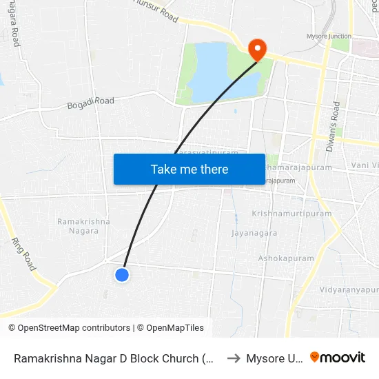 Ramakrishna Nagar D Block Church (ರಾಮಕೃಷ್ಣನಗರ ಡಿ ಬ್ಲಾಕ್ ಚರ್ಚ್) to Mysore University map