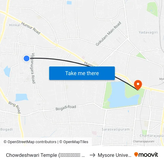 Chowdeshwari Temple (ಚೌಡೇಶ್ವರಿ ದೇವಸ್ಥಾನ) to Mysore University map